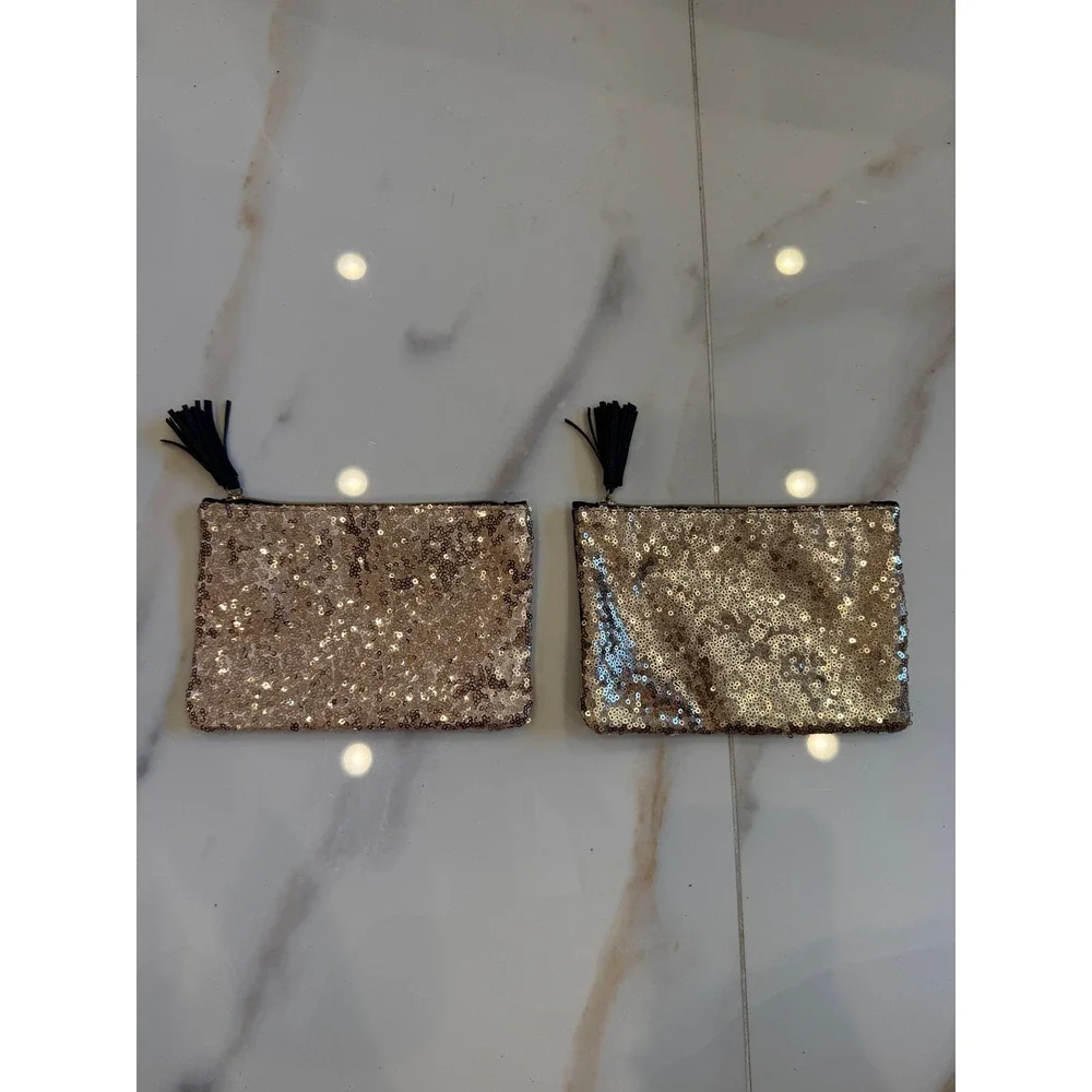 Ipsy Gold Sequin Black Faux Leather Tassel Makeup Bag Set of 2 Cosmetic Pouches